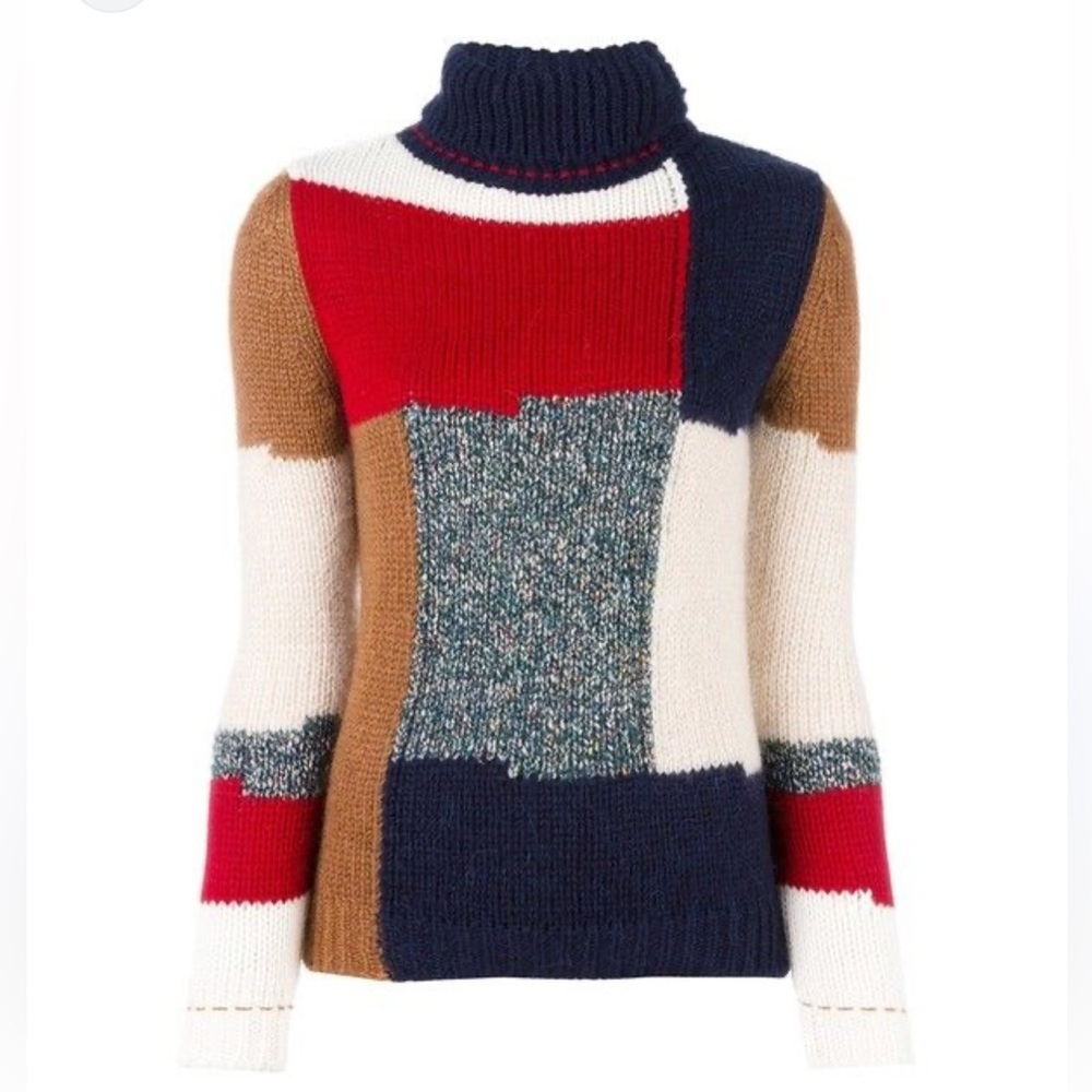 Vanessa Bruno Athe Patchwork Knit Pullover Turtleneck Jumper Sweater Small